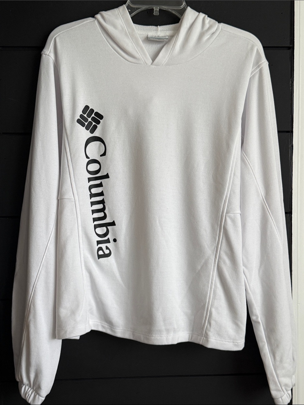 Columbia Women’s White Hooded Crewneck Sweatshirt with Vertical Logo XL